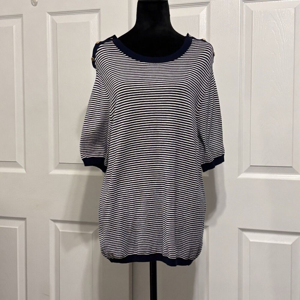 Philosophy Women’s Viscose Navy White Stripe Short Sleeve Sweater Buttons Large